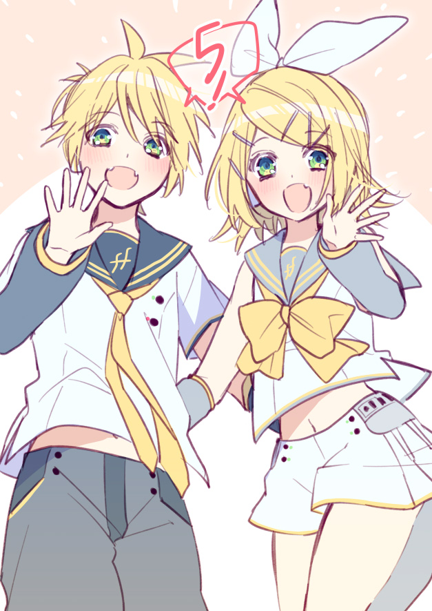 black_collar blonde_hair blush bow brother_and_sister collar detached_sleeves eyebrows_visible_through_hair fang fortissimo green_eyes grey_collar hair_bow hand_on_another's_back headphones hinata_(princess_apple) kagamine_len kagamine_len_(vocaloid4) kagamine_rin kagamine_rin_(vocaloid4) leg_warmers looking_at_viewer midriff midriff_peek navel necktie open_mouth pale_skin piano_print sailor_collar shirt shorts siblings sketch skin_fang sleeveless sleeveless_shirt smile twins v4x vocaloid waving_arm yellow_neckwear