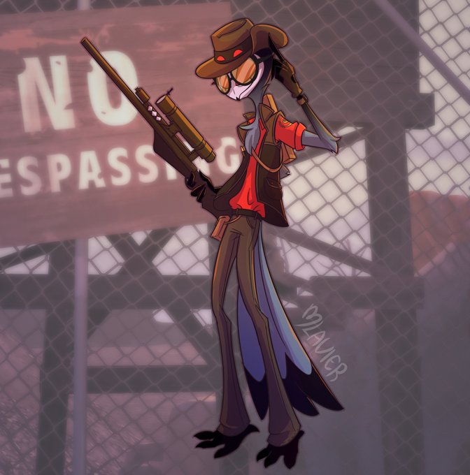 4_eyes anthro avian bird clothing demon feathers gloves gun handwear hat headgear headwear helluva_boss male mlavieer multi_eye owl ranged_weapon red_eyes rifle shirt sniper_(team_fortress_2) sniper_rifle solo stolas_(vivzmind) tail_feathers team_fortress_2 topwear valve video_games weapon