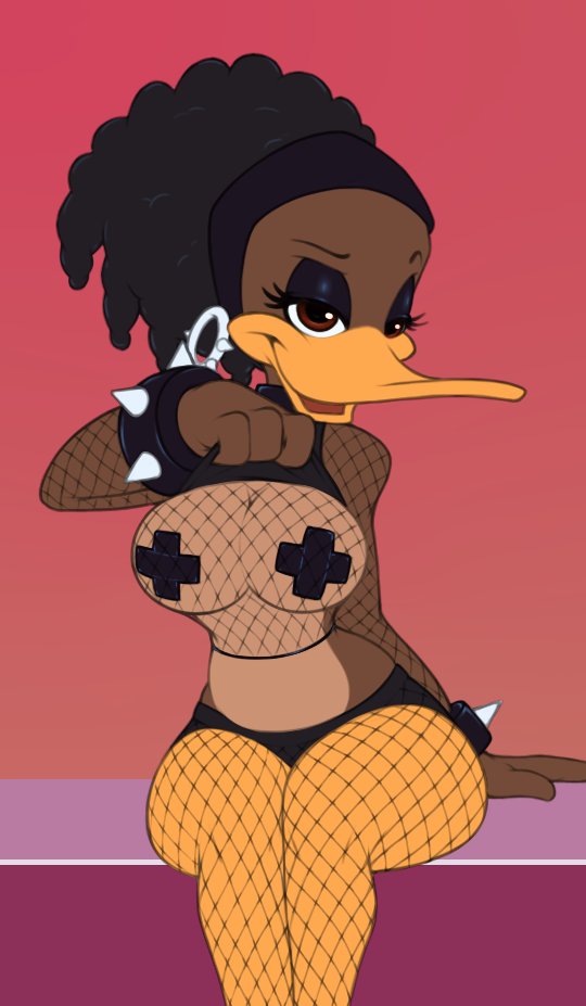 afro alfred_j._kwak_(series) anatid anseriform anthro avian billboi bird bracelet breasts brown_body brown_feathers clothed clothing clothing_lift duck ear_piercing ear_ring eyelashes eyeliner feathers female fishnet fishnet_legwear fishnet_topwear jewelry legwear looking_at_viewer makeup non-mammal_breasts open_mouth pasties piercing sitting solo spiked_bracelet spikes winnie_(ajk)