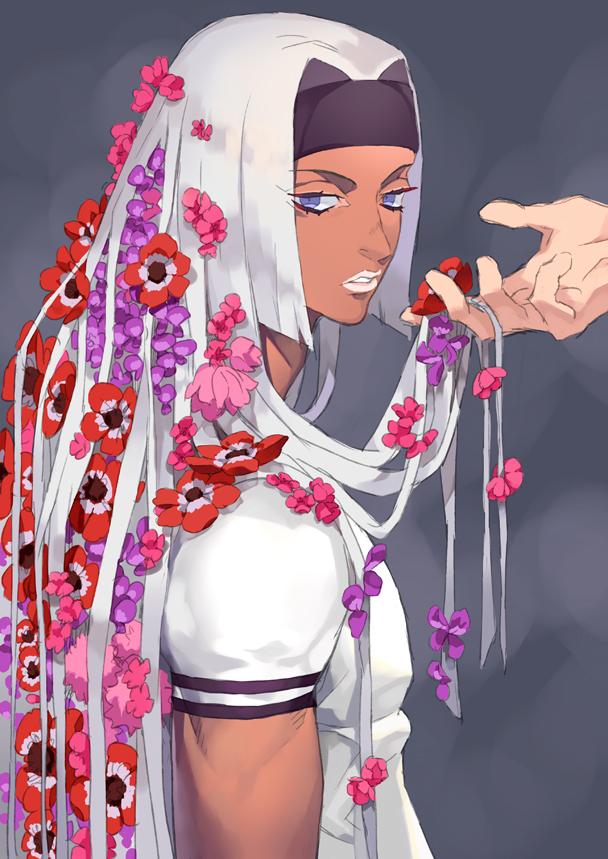 1boy black_headband blue_eyes blunt_ends chocolate_sable dark_skin dark_skinned_male flower hair_flower hair_intakes hair_ornament hand_in_another's_hair headband jojo_no_kimyou_na_bouken long_hair looking_to_the_side male_focus out_of_frame parted_lips pink_flower playing purple_flower red_flower shirt short_sleeves solo_focus tiziano upper_body vento_aureo white_hair white_lips white_shirt