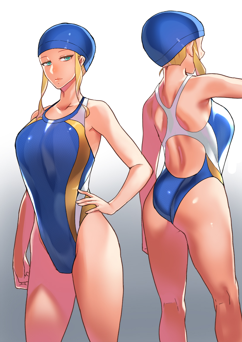 1girl artoria_pendragon_(all) artoria_pendragon_(lancer) ass back bangs bare_shoulders blonde_hair blue_swimsuit breasts collarbone fate/grand_order fate_(series) green_eyes hair_between_eyes highleg highleg_swimsuit jack_hamster large_breasts long_hair looking_at_viewer multiple_views one-piece_swimsuit sidelocks swim_cap swimsuit thighs