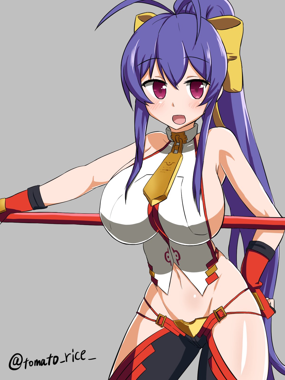 1girl antenna_hair artist_name bare_shoulders black_pants blazblue blazblue:_central_fiction blazblue_variable_heart blue_hair bow breasts gloves hair_bow high_ponytail highres large_breasts long_hair lowleg lowleg_pants magenta_eyes mai_natsume navel open_mouth outseal pants red_gloves revealing_clothes smile solo tomato_rice very_long_hair yellow_bow
