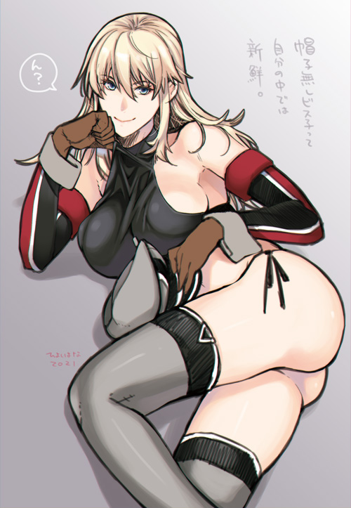 1girl ass bangs bismarck_(kantai_collection) black_panties black_shirt blonde_hair blue_eyes breasts brown_gloves dated detached_sleeves gloves gradient gradient_background grey_legwear hair_between_eyes hat hat_removed headwear_removed hiyoshi_hana holding holding_clothes holding_hat kantai_collection large_breasts long_hair lying on_side panties shirt side-tie_panties simple_background sleeveless sleeveless_shirt smile solo thighhighs underwear