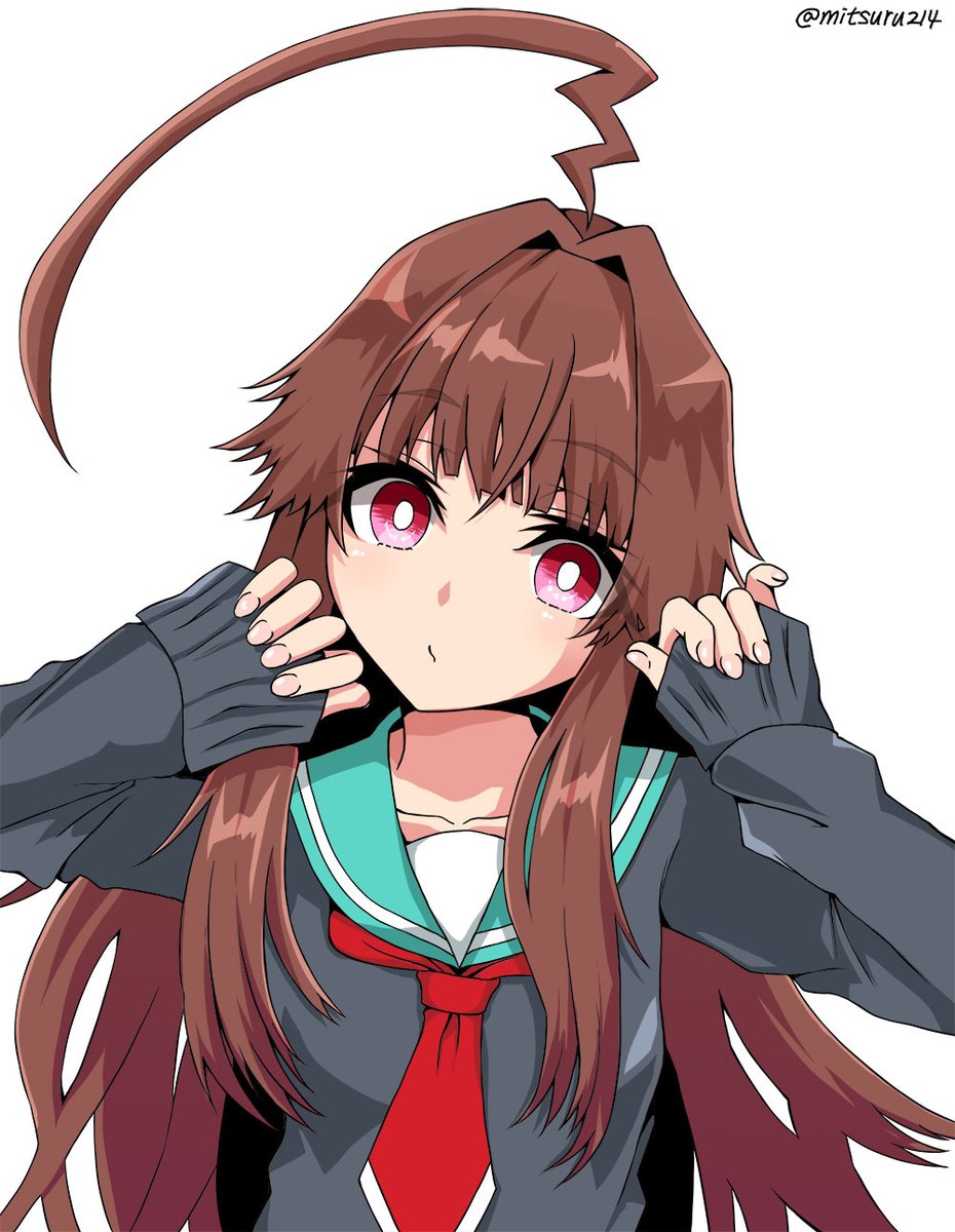 1girl :o ahoge alternate_costume arms_up bangs brown_hair eyebrows_visible_through_hair hair_intakes head_tilt highres huge_ahoge kantai_collection kuma_(kantai_collection) long_hair long_sleeves looking_at_viewer mitsuru_(habihapi) red_eyes red_neckwear sailor_collar twitter_username white_background