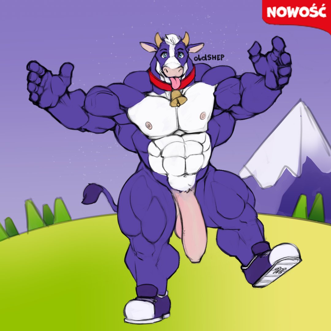 1:1 2021 abs anthro anthrofied balls barazoku bell biceps big_muscles big_penis bovid bovine cattle clothing collar cowbell crossgender flaccid footwear foreskin ftm_crossgender genitals horn humanoid_genitalia humanoid_penis looking_at_viewer male mammal mascot milka multicolored_body muscular muscular_anthro muscular_male navel nipples nude obliques oldshep on_one_leg outside pecs penis polish_text purple_body quads shoes solo spread_arms standing text thick_thighs tongue tongue_out uncut white_body