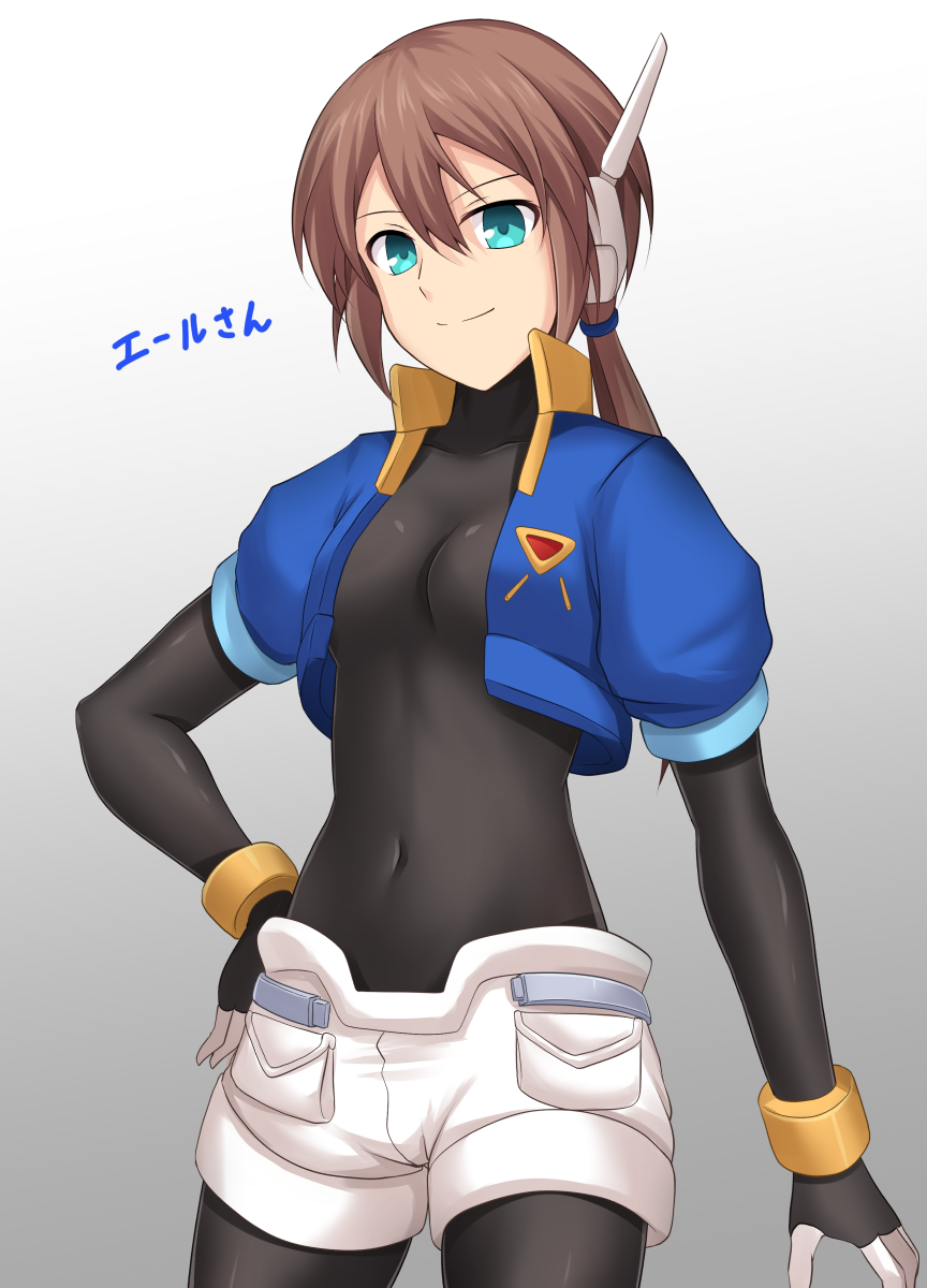 1girl aile_(rockman) bangs black_gloves blue_jacket bodystocking bracelet breasts brown_hair commentary_request covered_collarbone covered_navel cowboy_shot cropped_jacket cross_(crossryou) eyebrows_visible_through_hair fingerless_gloves gloves green_eyes hair_between_eyes hair_tie hand_on_hip highres jacket jewelry long_hair looking_at_viewer low_ponytail medium_breasts older open_clothes open_jacket ponytail robot_ears rockman rockman_zx rockman_zx_advent short_shorts short_sleeves shorts sidelocks simple_background skin_tight smile solo spandex standing white_background white_shorts