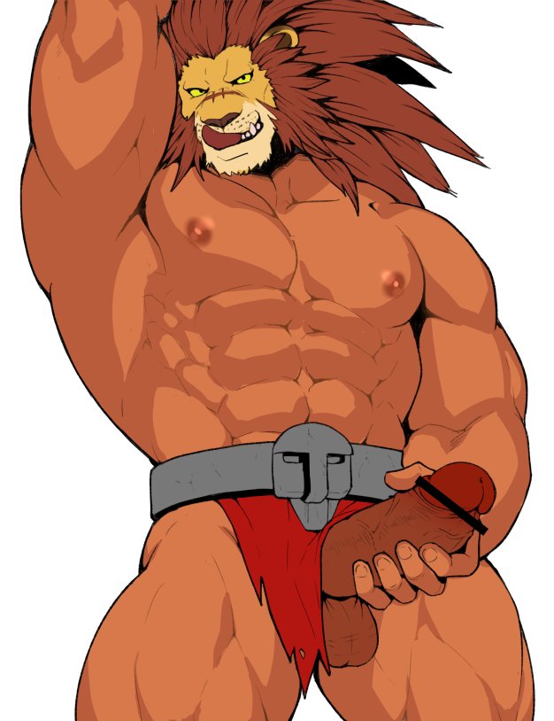 abs biceps bottomwear brown_hair clothing facial_scar felid genitals hair holding_penis leo_(red_earth) licking licking_lips lion loincloth looking_at_viewer male mammal masturbation muscular muscular_male nipples obliques pantherine pecs penile penile_masturbation penis quads red_earth sakuramaru123 scar simple_background solo teeth tongue tongue_out triceps vein veiny_penis video_games white_background yellow_eyes