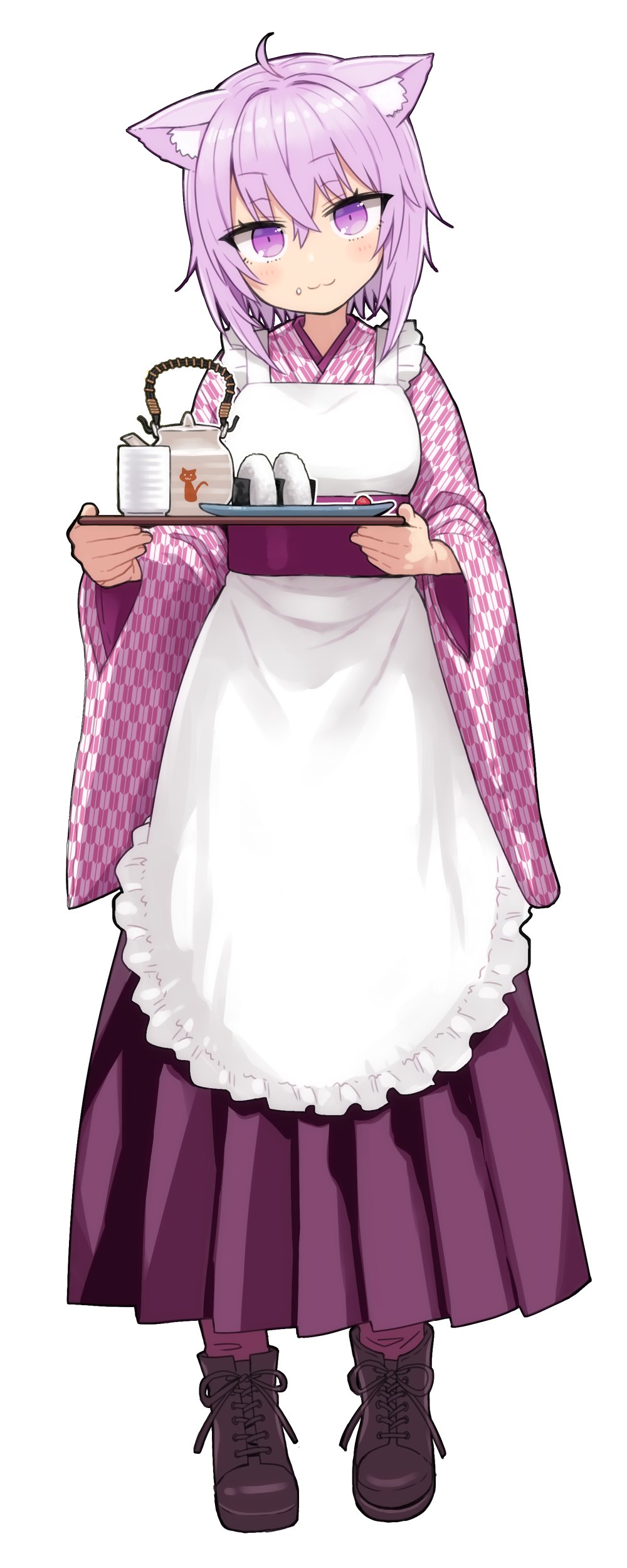 1girl :3 absurdres ahoge animal_ears apron cat_ears cat_tail cup food food_on_face hakama highres hololive japanese_clothes long_skirt nekomata_okayu pleated_skirt purple_eyes purple_hair rice rice_on_face skirt tail teapot tray virtual_youtuber wide_sleeves yu_65026 yunomi