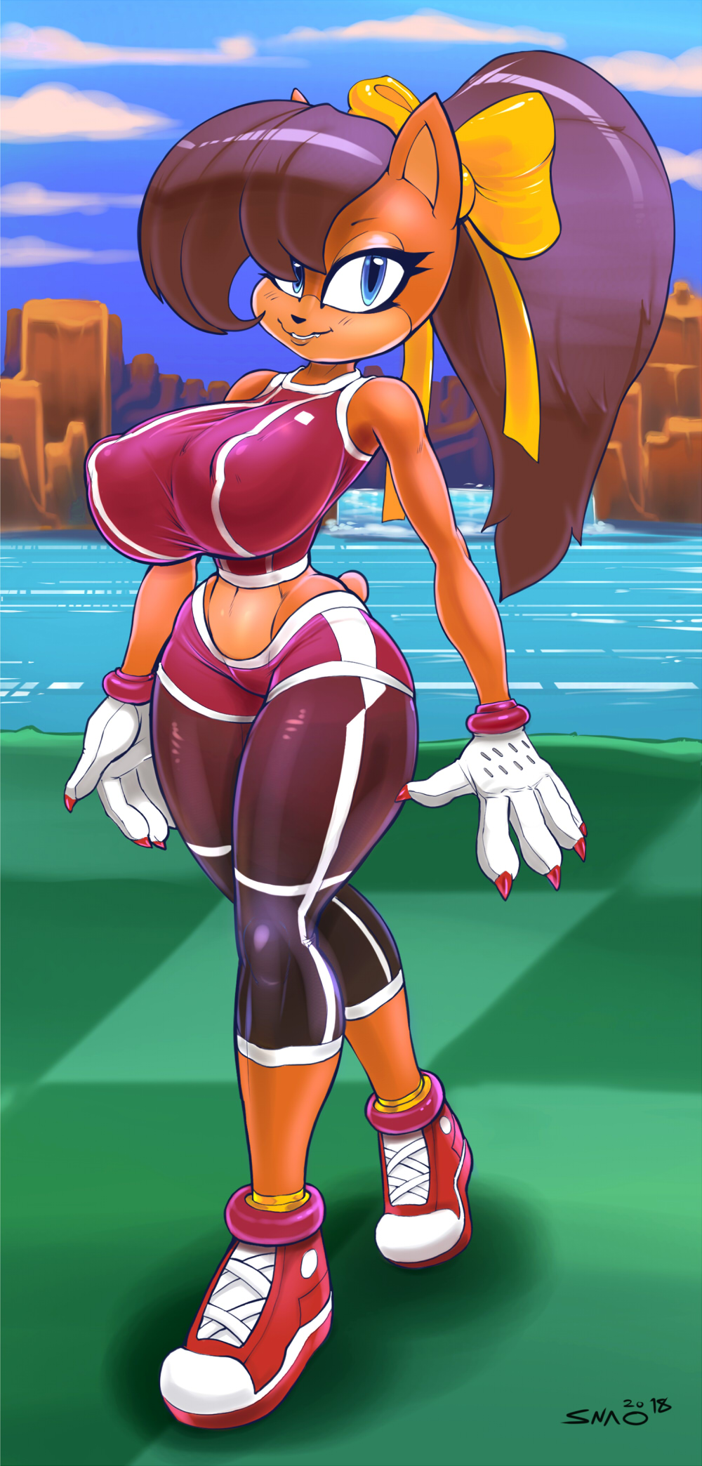 anthro big_breasts blue_eyes breasts brown_hair claws clothed clothing digital_media_(artwork) domestic_cat felid feline felis female gloves hair handwear hi_res huge_breasts looking_at_viewer mammal manx snao solo sonic_the_hedgehog_(series) sonic_x-treme standing tiara_boobowski tight_clothing video_games