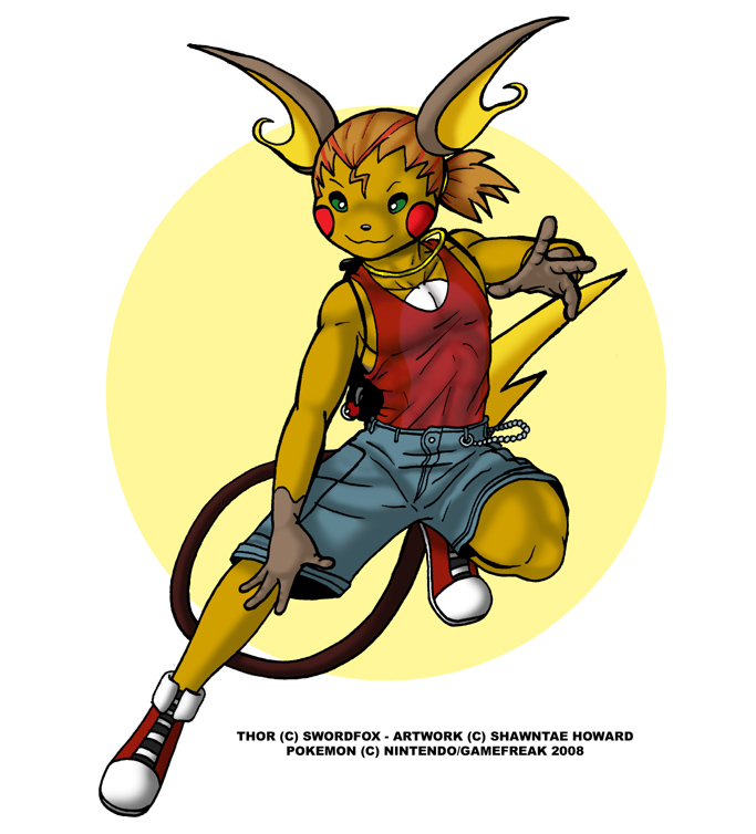 2008 4_fingers alternate_color anthro avoid_posting backpack bottomwear clothing cutoffs denim denim_clothing ebonyleopard english_text fingers footwear gloves_(marking) green_eyes green_sclera hair jewelry male mammal markings multicolored_hair necklace nintendo pok&eacute;ball pok&eacute;mon pok&eacute;mon_(species) pok&eacute;morph raichu red_cheeks rodent shirt shoes shorts simple_background sneakers solo tank_top text thor_volt_(swordfox) topwear two_tone_hair video_games wallet_chain