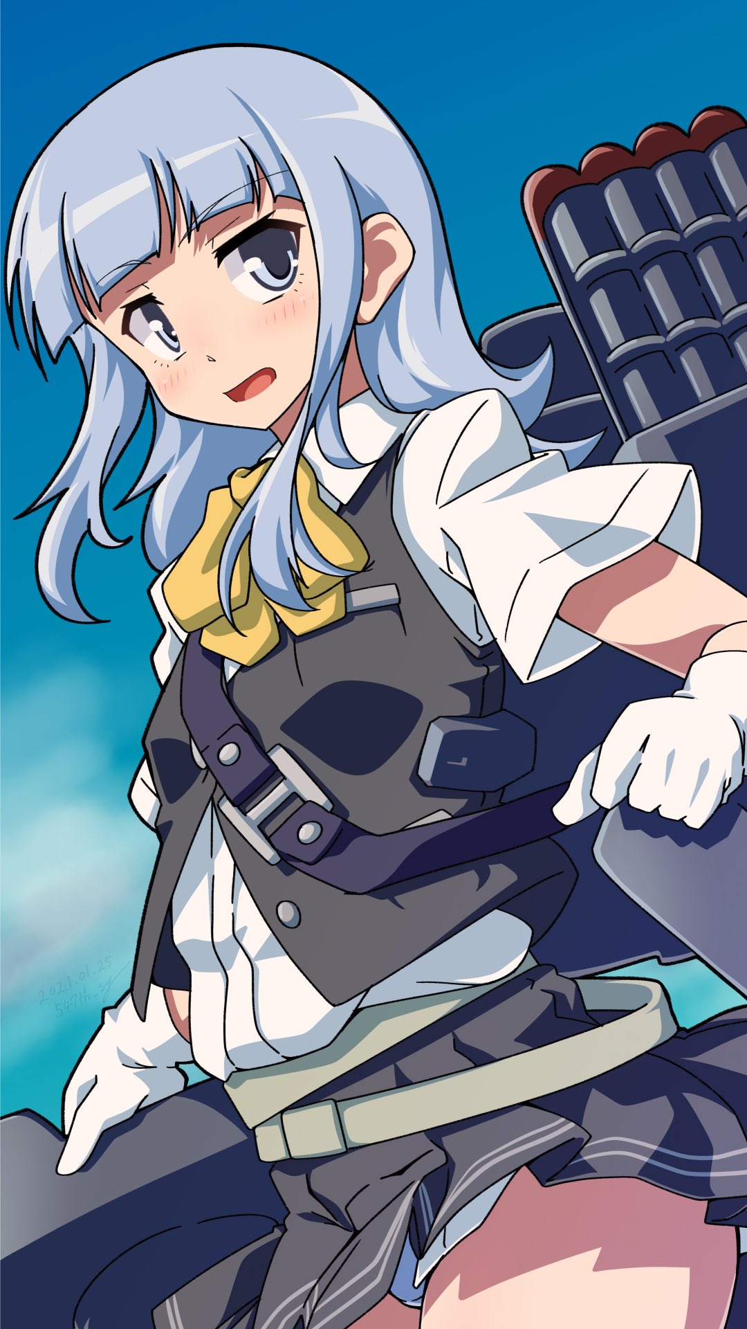 1girl 547th_sy ascot belt black_vest blouse blue_eyes blue_hair blue_panties blue_sky blush breasts cannon cloud cloudy_sky collared_blouse collared_shirt cowboy_shot dated eyebrows_visible_through_hair hatsukaze_(kantai_collection) highres hime_cut kantai_collection open_mouth outdoors panties rigging shirt sky small_breasts smokestack solo standing torpedo_tubes underwear vest white_blouse yellow_neckwear