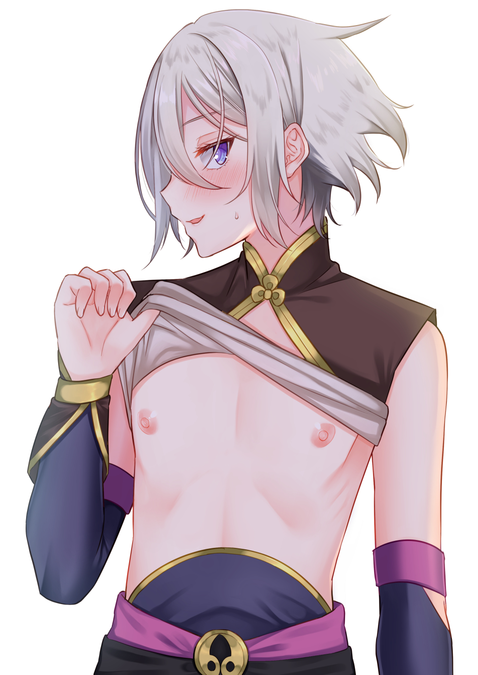 1boy bangs blue_eyes blush commentary_request detached_sleeves eyelashes fate/grand_order fate_(series) gao_changgong_(fate) gold_trim grey_hair hair_between_eyes highres lifted_by_self looking_at_viewer looking_to_the_side male_focus medium_hair mzmz0424 nipples otoko_no_ko shirt shirt_lift sidelocks sleeveless sleeveless_shirt solo toned toned_male upper_body