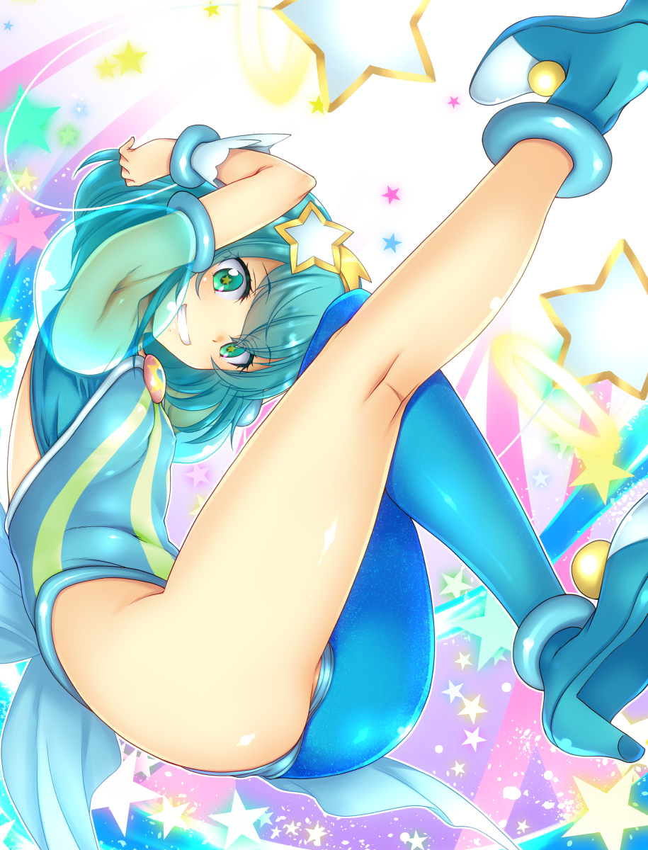 1girl aqua_eyes aqua_hair ass asymmetrical_clothes blue_legwear breasts commentary_request cure_milky earrings eyebrows_visible_through_hair hagoromo_lala hair_ornament highres hisakawa_chin jewelry looking_at_viewer magical_girl precure shiny shiny_hair shiny_skin short_hair simple_background small_breasts smile solo star star-shaped_pupils star_earrings star_hair_ornament star_twinkle_precure symbol-shaped_pupils white_background