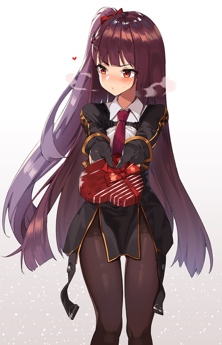 1girl bangs black_legwear black_skirt blazer blush box braid breasts breathing eyebrows_visible_through_hair french_braid gift ginon_(sjyh3466) girls_frontline giving gloves hair_ribbon half_updo heart heart-shaped_box high-waist_skirt highres holding holding_gift jacket large_breasts long_hair looking_away necktie one_side_up pantyhose parted_lips pelvic_curtain purple_hair red_eyes red_neckwear red_ribbon ribbon shirt sidelocks skirt solo sweatdrop tsundere valentine very_long_hair wa2000_(girls_frontline)