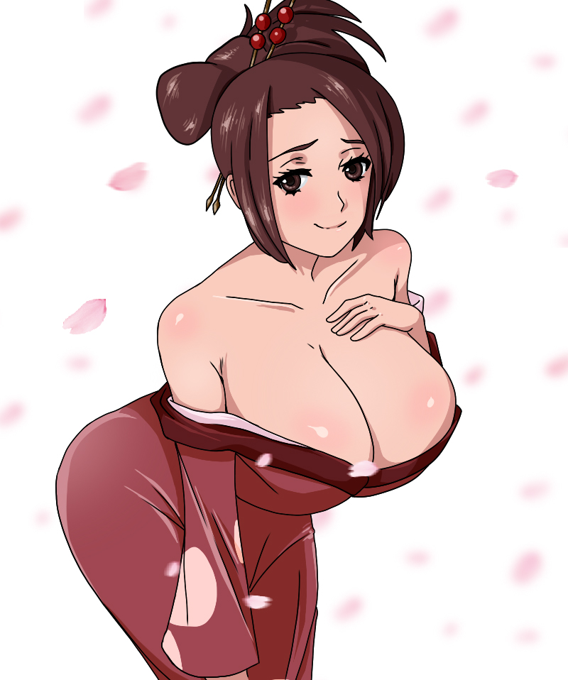 1girl alternate_breast_size bare_shoulders blush breasts brown_hair cleavage collarbone drawfag fuu hair_ornament hair_stick hair_up hand_on_own_breast japanese_clothes kimono large_breasts leaning_forward looking_at_viewer medium_hair older red_kimono samurai_champloo simple_background smile solo standing white_background