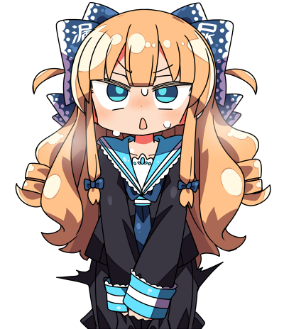 1girl bangs black_serafuku black_shirt black_skirt blonde_hair blue_bow blue_eyes blue_neckwear blue_sailor_collar blush bow collarbone commentary_request eyebrows_visible_through_hair hair_bow kanikama long_hair long_sleeves lowres necktie nose_blush original parted_lips pleated_skirt ringlets sailor_collar school_uniform serafuku shirt simple_background skirt sleeves_past_wrists solo sweat two_side_up v-shaped_eyebrows very_long_hair white_background