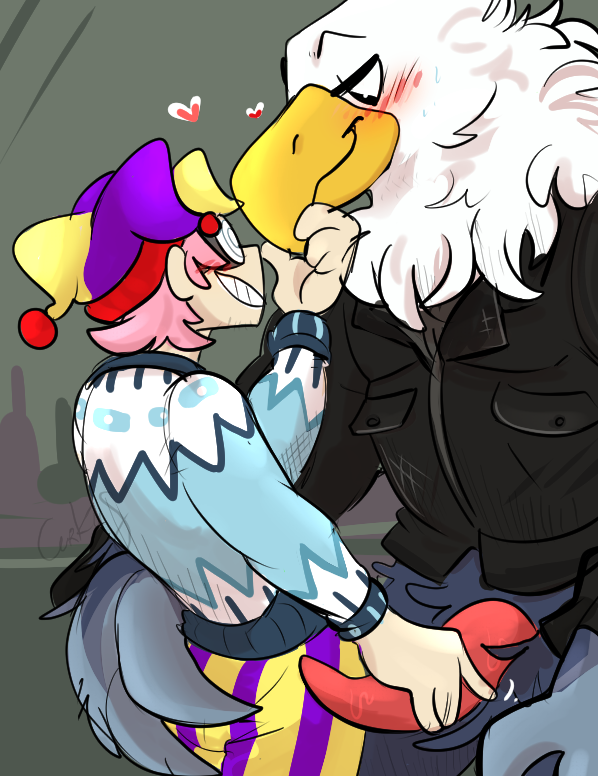 &lt;3 accipitrid accipitriform ambiguous_gender animal_crossing anthro apollo_(animal_crossing) avian avian_penis bald_eagle beak biker_jacket bird blush bodily_fluids bottomwear butt butt_squish cirkus clothed clothing duo eagle eye_contact eyewear feathers flirting fool's_hat genitals glasses grey_body grey_feathers hair half-closed_eyes half_lidded_eyes handjob hat headgear headwear holding_butt holding_chin human jacket larger_male leaning leaning_forward leather leather_clothing leather_jacket leather_topwear looking_at_another male male/male mammal masturbation mayorcharlie_(cirkus) multicolored_body musclegut narrowed_eyes nintendo pants partially_clothed pattern_bottomwear pattern_clothing pattern_pants penile penile_masturbation penis pink_hair red_penis sea_eagle sex simple_background size_difference smaller_male smile squish standing standing_position standing_sex striped_bottomwear striped_clothing striped_pants stripes sweat sweatdrop sweater tapering_penis topwear video_games white_body white_feathers wing_hands