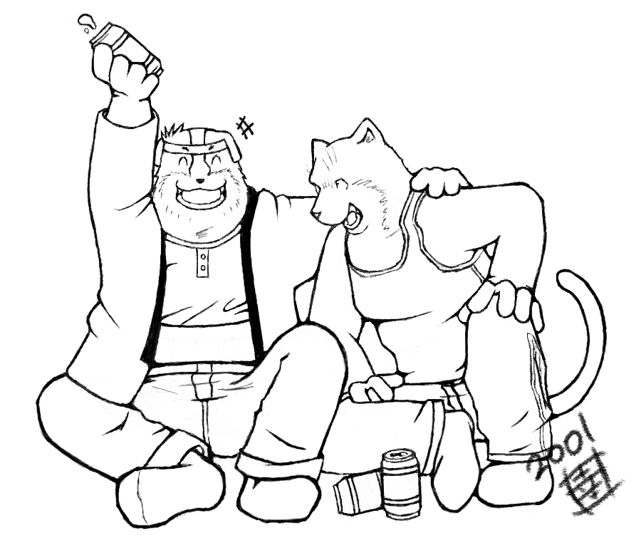 2001 anthro belly bottomwear canid canine canis clothing domestic_cat domestic_dog duo eyes_closed felid feline felis humanoid_hands kemono koda-kota male mammal monochrome overweight overweight_male pants shirt simple_background sitting sketch topwear white_background