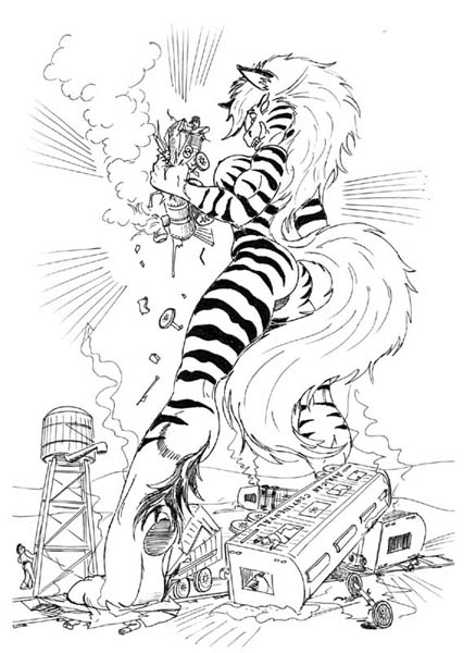 angry anthro building crush crushed_underfoot crushed_vehicle destruction equid equine female hair hand_crush handheld kolt long_hair long_tail macro mammal monochrome muscular muscular_anthro muscular_female solo traditional_media_(artwork) train train_tracks tusks vehicle water_tower zebra