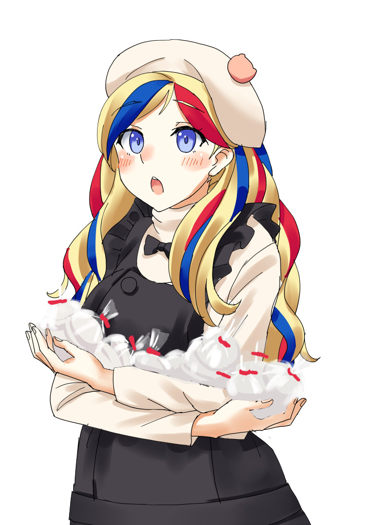 1girl alternate_costume apron bag beret black_apron blonde_hair blue_eyes blue_hair chestnut_mouth commandant_teste_(kantai_collection) commentary_request frilled_apron frills hat kantai_collection long_hair looking_at_viewer mayura2002 mochi multicolored_hair open_mouth plastic_bag pom_pom_(clothes) red_hair simple_background solo streaked_hair upper_body upper_teeth wavy_hair white_background white_headwear