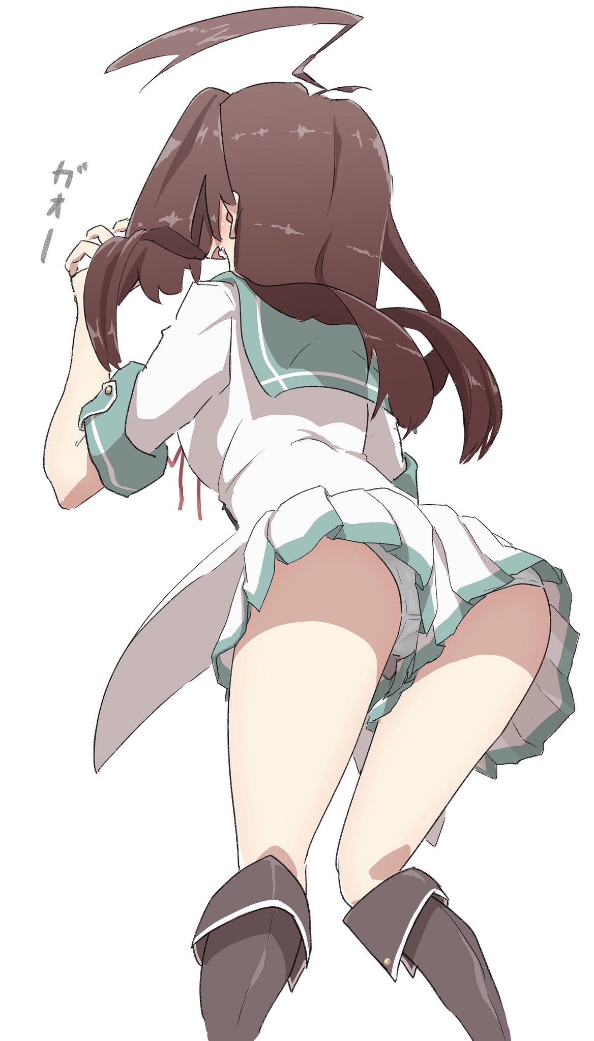 1girl ahoge aqua_sailor_collar ass boots brown_footwear brown_hair highres huge_ahoge kantai_collection knee_boots kuma_(kantai_collection) long_hair namakura_neo neck_ribbon open_mouth panties pantyshot pleated_skirt red_neckwear remodel_(kantai_collection) ribbon sailor_collar sailor_shirt school_uniform serafuku shirt short_sleeves simple_background skirt solo underwear upskirt white_background white_shirt white_skirt