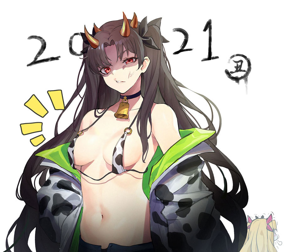 2021 2girls anger_vein angry animal_ears animal_print asymmetrical_eyes bangs bare_shoulders bell bell_choker black_choker blonde_hair breast_conscious breasts chinese_zodiac choker collar collarbone commentary_request cow_ears cow_print cowbell ereshkigal_(fate/grand_order) fate/grand_order fate_(series) green_jacket hair_ornament hair_ribbon hands_on_hips horns ishtar_(fate)_(all) ishtar_(fate/grand_order) jacket long_hair looking_at_viewer luobo_(nsnr8754) medium_breasts multiple_girls navel o-ring o-ring_bikini o-ring_top off_shoulder open_clothes open_jacket open_shorts oversized_clothes parted_bangs print_jacket red_eyes ribbon shaded_face shorts stomach two_side_up upper_body year_of_the_ox