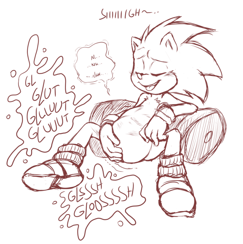 anthro belly big_belly body_outline cownugget digestion digestion_noises duo english_text eulipotyphlan face_imprint hand_imprints hedgehog imprint male male_pred male_prey mammal monochrome oral_vore sitting sonic_the_hedgehog sonic_the_hedgehog_(series) speech_bubble text tongue tongue_out vore