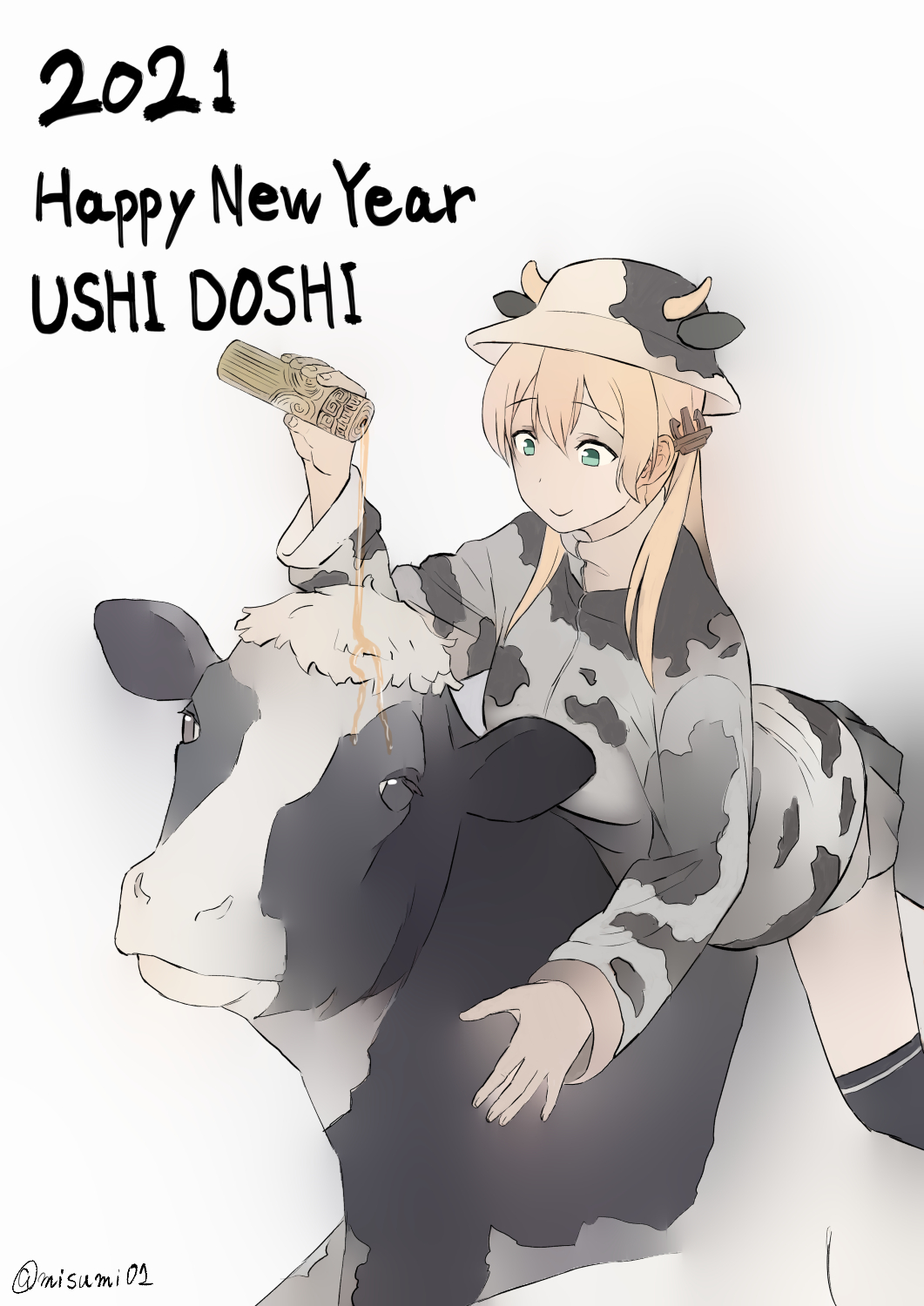 1girl 2021 alternate_costume anchor_hair_ornament animal_print aqua_eyes bangs black_legwear blonde_hair breasts chinese_zodiac cow cow_print gradient gradient_background hair_ornament hat highres horned_headwear jacket kantai_collection kneehighs long_hair long_sleeves misumi_(niku-kyu) new_year on_animal pouring prinz_eugen_(kantai_collection) simple_background skirt smile twintails twitter_username year_of_the_ox