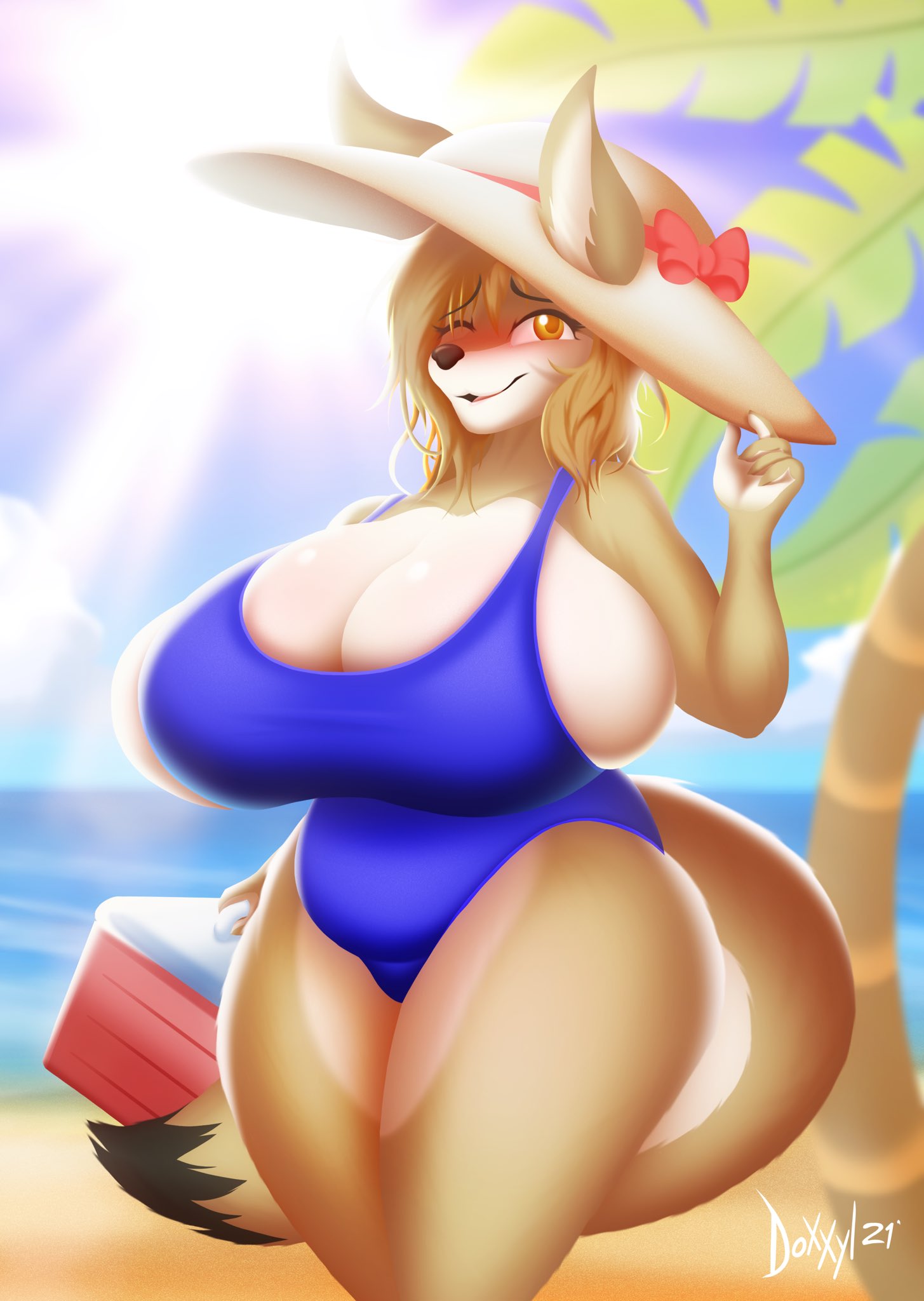 2021 anthro beach blush breasts canid canine canis cheyenne_(inu-dono) clothing cooler coyote doxxyl female hi_res mammal one-piece_swimsuit palm_tree plant seaside solo sun sun_hat swimwear tree