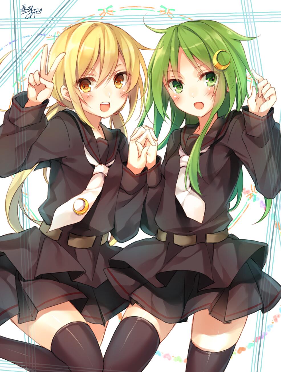 2girls :d bangs black_legwear black_serafuku blonde_hair blush crescent crescent_hair_ornament green_eyes green_hair hair_between_eyes hair_ornament highres holding_hands interlocked_fingers kantai_collection long_hair long_sleeves looking_at_viewer low_twintails multiple_girls nagatsuki_(kantai_collection) open_mouth pleated_skirt satsuki_(kantai_collection) school_uniform serafuku signature sketch skirt smile thighhighs toosaka_asagi twintails v yellow_eyes zettai_ryouiki