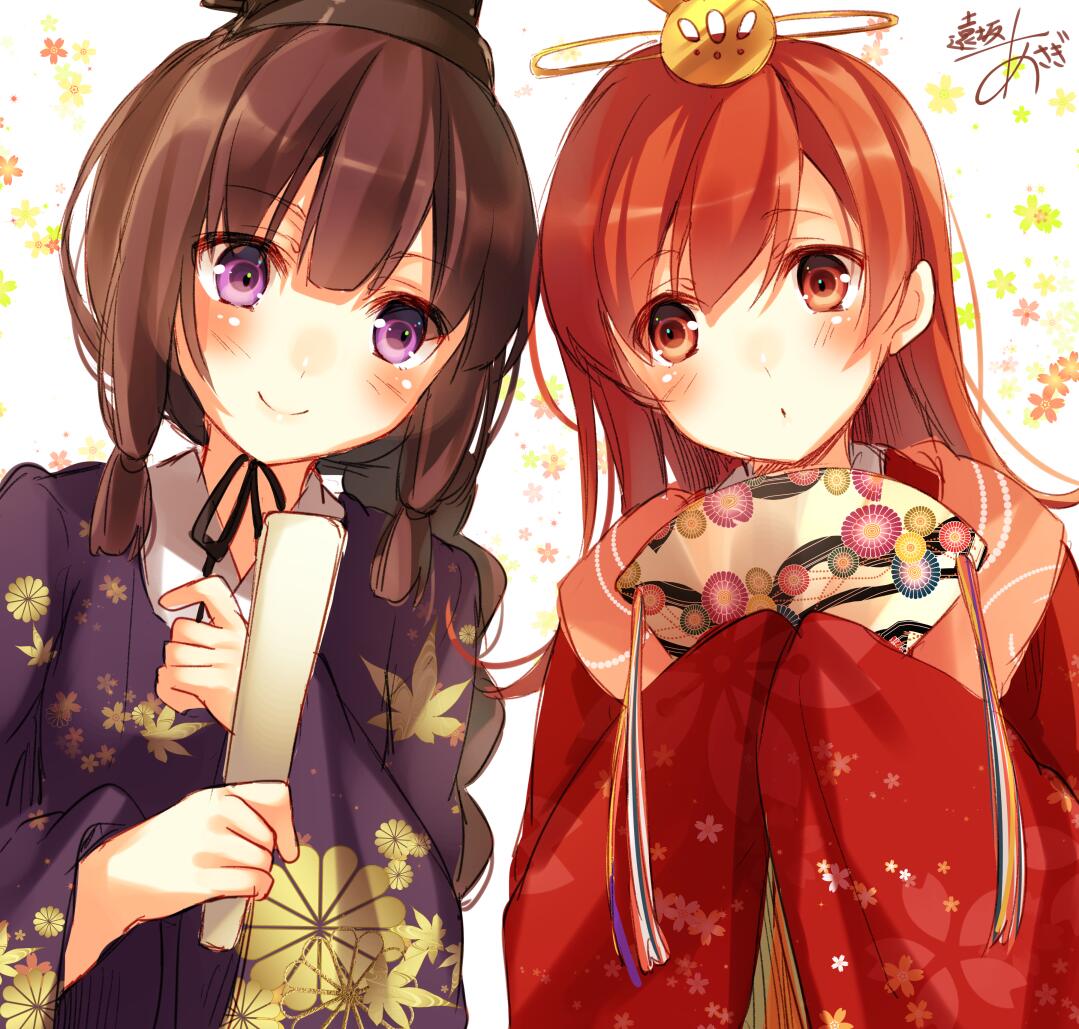 2girls artist_name black_hair braid brown_eyes brown_hair hina_ningyou hinamatsuri japanese_clothes kantai_collection kitakami_(kantai_collection) long_hair multiple_girls ooi_(kantai_collection) purple_eyes saishi signature smile toosaka_asagi