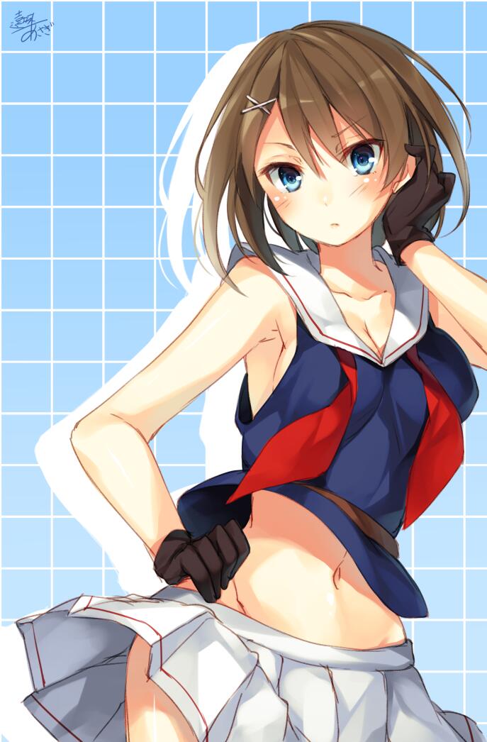 1girl black_gloves blue_eyes blush breasts brown_hair cleavage gloves hair_ornament headgear kantai_collection looking_at_viewer maya_(kantai_collection) medium_breasts midriff midriff_peek navel neckerchief pleated_skirt school_uniform short_hair signature skirt solo toosaka_asagi