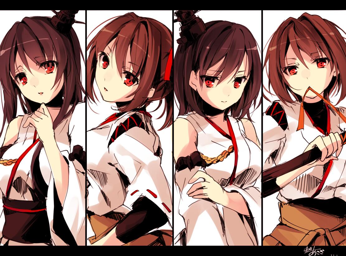 4girls bangs brown_hair fusou_(kantai_collection) hyuuga_(kantai_collection) ise_(kantai_collection) japanese_clothes kantai_collection multiple_girls red_eyes short_hair toosaka_asagi yamashiro_(kantai_collection)