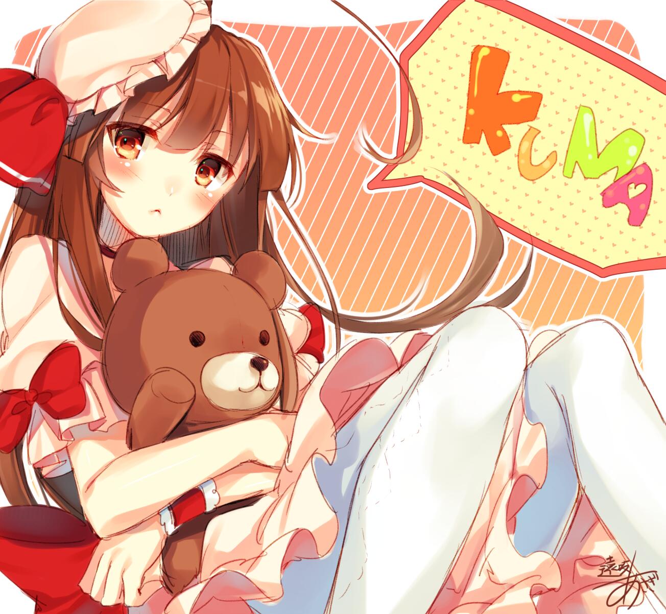 1girl :&lt; ahoge alternate_costume brown_eyes brown_hair cosplay hat highres kantai_collection kuma_(kantai_collection) long_hair looking_at_viewer mob_cap pantyhose pleated_skirt remilia_scarlet remilia_scarlet_(cosplay) signature skirt solo speech_bubble stuffed_animal stuffed_toy teddy_bear toosaka_asagi touhou white_legwear wrist_cuffs