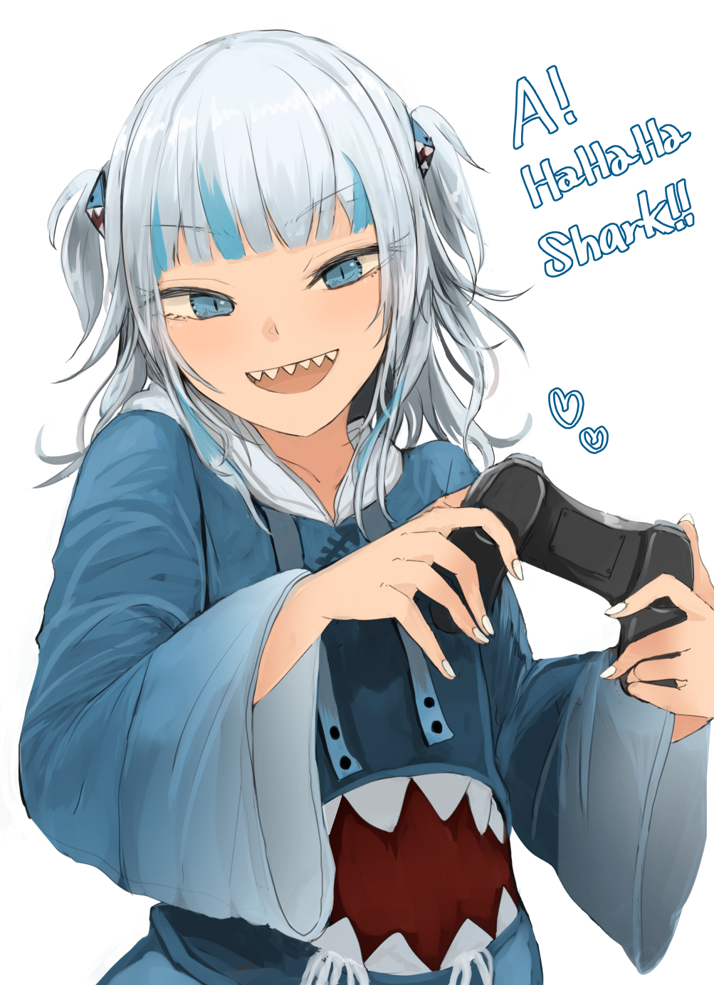 1girl :d a bangs blue_eyes blue_hair blunt_bangs catchphrase controller fingernails game_controller gawr_gura grey_hair heart highres holding holding_controller holding_game_controller hololive hololive_english long_sleeves looking_at_viewer medium_hair ne_kuro open_mouth sharp_teeth simple_background smile solo teeth two_side_up upper_teeth virtual_youtuber white_background white_nails