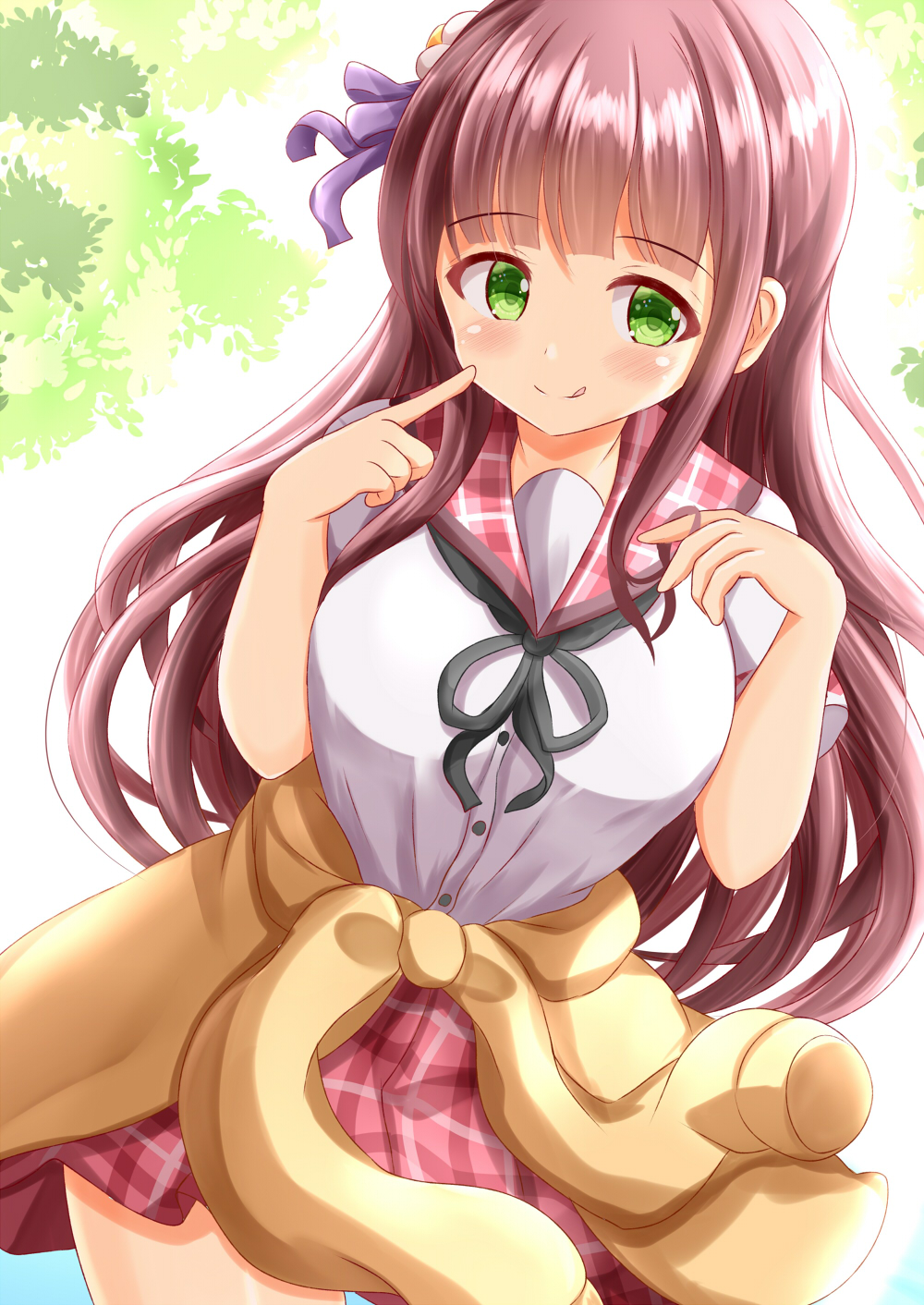 1girl :q bangs black_ribbon blush breasts brown_cardigan brown_hair cardigan cardigan_around_waist closed_mouth clothes_around_waist commentary_request eyebrows_visible_through_hair flower gochuumon_wa_usagi_desu_ka? green_eyes hair_flower hair_ornament hair_ribbon hands_up highres large_breasts long_hair looking_at_viewer neck_ribbon pink_sailor_collar pink_skirt plaid plaid_sailor_collar plaid_skirt purple_ribbon ribbon sailor_collar school_uniform serafuku shirt short_sleeves skirt smile solo tongue tongue_out ujimatsu_chiya very_long_hair white_flower white_shirt zenon_(for_achieve)