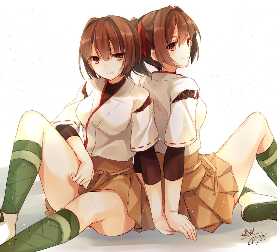 2girls brown_eyes brown_hair hyuuga_(kantai_collection) ise_(kantai_collection) japanese_clothes kantai_collection long_hair looking_at_viewer multiple_girls pleated_skirt ponytail short_hair signature skirt toosaka_asagi