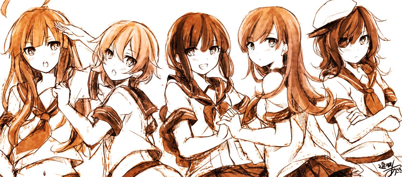 5girls ahoge bangs beige blunt_bangs braid crossed_arms expressionless eyepatch flat_cap hat kantai_collection kiso_(kantai_collection) kitakami_(kantai_collection) kuma_(kantai_collection) long_hair midriff multiple_girls navel neckerchief ooi_(kantai_collection) open_mouth pleated_skirt salute school_uniform serafuku short_hair short_sleeves simple_background skirt sleeve_cuffs smile tama_(kantai_collection) toosaka_asagi upper_body white_background