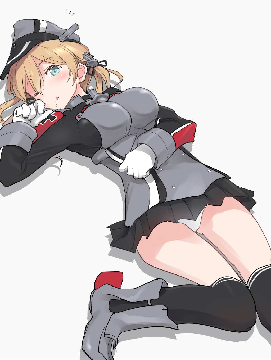 1girl ahenn aqua_eyes black_legwear black_skirt blonde_hair blush breasts eyebrows_visible_through_hair gloves grey_background hair_between_eyes hat highres kantai_collection large_breasts long_hair long_sleeves military military_hat military_uniform one_eye_closed panties parted_lips peaked_cap pleated_skirt prinz_eugen_(kantai_collection) rudder_footwear shadow simple_background skirt solo thighhighs underwear uniform white_gloves white_panties