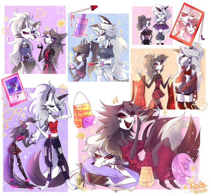 anthro astrally avian bag bird bone bottle bottomwear canid canid_demon choker clothed clothing demon dress duo feathers female hellhound helluva_boss holding_object jewelry loona_(vivzmind) lying_on_another mammal necklace nintendo nintendo_switch octavia_(vivzmind) open_mouth owl phone photo pillow signature skirt smile speech_bubble tail_feathers video_games