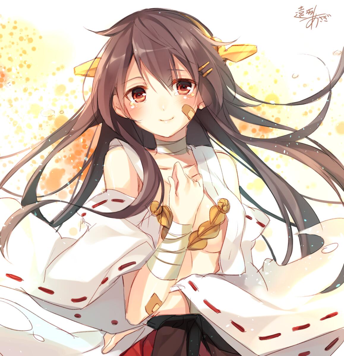 1girl bandaid bare_shoulders black_hair detached_sleeves hairband haruna_(kantai_collection) highres japanese_clothes kantai_collection long_hair looking_at_viewer nontraditional_miko partially_undressed red_eyes ribbon-trimmed_sleeves ribbon_trim signature smile solo thighhighs toosaka_asagi torn_clothes