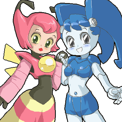 2girls armor bangs blue_hair blue_skin blue_skirt blush breasts colored_skin crop_top disconnected_mouth green_eyes grin holding_hands humanoid_robot interlocked_fingers jennifer_wakeman kasuga_(kasuga39) long_sleeves lowres midriff multiple_girls my_life_as_a_teenage_robot navel oekaki open_mouth pink_hair pink_skin red_lips short_hair simple_background skirt smile twintails vega_(mlaatr) white_background