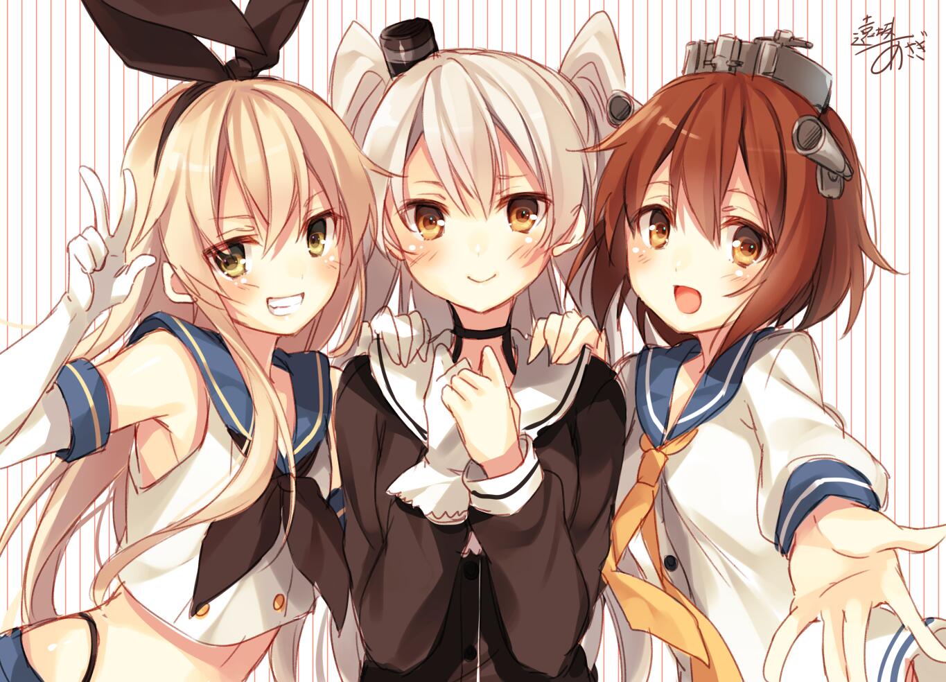 3girls :d amatsukaze_(kantai_collection) black_panties blonde_hair blush brown_eyes brown_hair dress elbow_gloves girl_sandwich gloves grin hand_on_another's_shoulder kantai_collection long_hair looking_at_viewer midriff multiple_girls open_mouth outstretched_hand panties sailor_dress sandwiched school_uniform serafuku shimakaze_(kantai_collection) short_hair signature silver_hair simple_background smile striped striped_background thighhighs toosaka_asagi two_side_up underwear v vertical_stripes white_background yukikaze_(kantai_collection)
