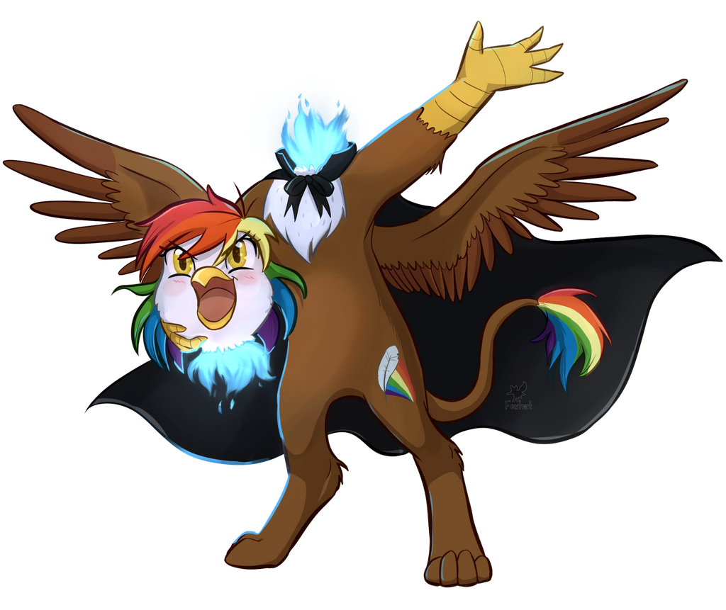 2020 alpha_channel avian blue_fire brown_body cape clothing colored_fire detachable detachable_head dullahan fan_character female feral fire foxhatarts gesture gryphon hair happy hasbro holding_head looking_at_viewer modular multicolored_hair my_little_pony mythological_avian mythology on_hind_legs open_mouth rainbow_hair signature simple_background solo spread_wings transparent_background waving wings yellow_eyes