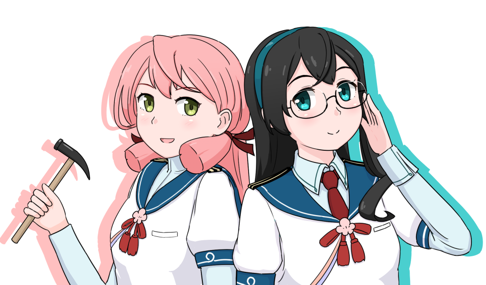 2girls akashi_(kantai_collection) aqua_eyes aqua_hairband black_hair blunt_tresses blush collared_shirt geometrie glasses green_eyes hair_ribbon hairband hammer hand_up kantai_collection long_hair looking_at_viewer multiple_girls necktie ooyodo_(kantai_collection) open_mouth pink_hair red_neckwear red_ribbon ribbon school_uniform semi-rimless_eyewear serafuku shirt smile under-rim_eyewear upper_body