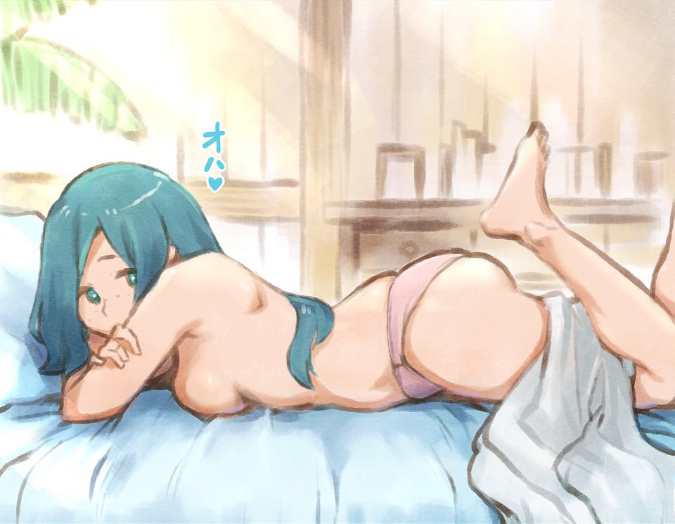 1girl ass blue_eyes blue_hair breasts e_keroron lana's_mother_(pokemon) long_hair looking_at_viewer mature panties pokemon pokemon_(anime) pokemon_sm_(anime) ponytail solo topless underwear
