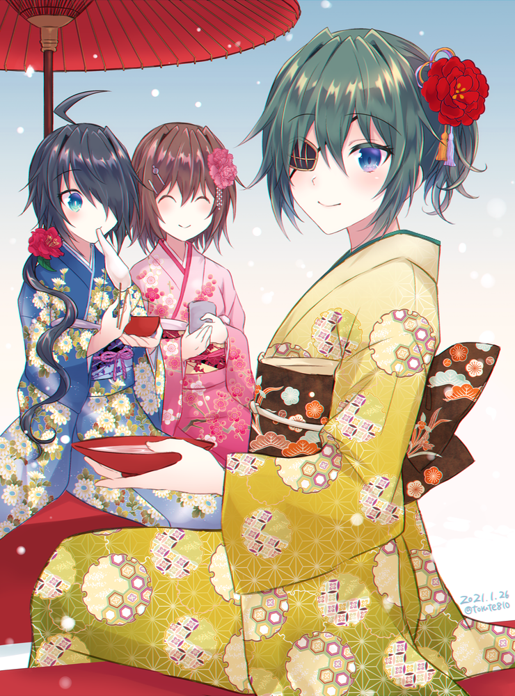 ^_^ ahoge alternate_costume alternate_hairstyle black_hair blue_eyes blue_kimono brown_hair closed_eyes commentary_request cup eyebrows_visible_through_hair eyepatch flower furutaka_(kantai_collection) green_hair hair_flower hair_ornament hair_over_eyes hair_over_one_eye happy_new_year holding holding_cup japanese_clothes kabocha_torute kako_(kantai_collection) kantai_collection kimono kiso_(kantai_collection) long_hair looking_at_viewer messy_hair new_year oil-paper_umbrella pink_kimono ponytail remodel_(kantai_collection) sakazuki short_hair smile snowing umbrella yellow_kimono yunomi