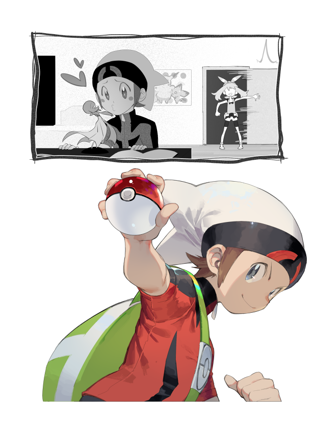 1boy 1girl backpack bag beanie bike_shorts blush_stickers bow_hairband brendan_(pokemon) brown_hair clenched_hand closed_mouth ege_(597100016) fanny_pack gardevoir gen_3_pokemon green_bag grey_eyes hairband hat heart holding holding_poke_ball looking_to_the_side may_(pokemon) motion_lines o3o partially_colored poke_ball poke_ball_(basic) pokemon pokemon_(creature) pokemon_(game) pokemon_oras poster_(object) shirt shoes short_sleeves shorts sleeveless sleeveless_shirt smile standing walk-in white_headwear