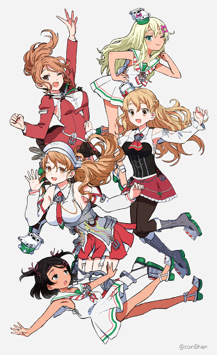 5girls aquila_(kantai_collection) arm_up armpit_cutout bangs black_hair black_legwear blonde_hair braid breasts clothing_cutout detached_sleeves dress feathers french_braid frilled_skirt frills garter_straps grecale_(kantai_collection) grey_background hair_ornament hair_ribbon hairclip hand_on_hip hat headdress high_heels highres kantai_collection large_breasts light_brown_hair littorio_(kantai_collection) long_hair long_sleeves medium_breasts military military_uniform mini_hat multiple_girls one_eye_closed open_mouth orange_hair pantyhose ponytail red_skirt ribbon sailor_collar sailor_dress scirocco_(kantai_collection) shimin simple_background skirt sleeveless sleeveless_dress smile striped striped_neckwear thighhighs twitter_username two_side_up uniform white_dress white_legwear zara_(kantai_collection)