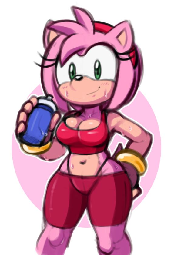 amy_rose anthro big_breasts bike_shorts bodily_fluids bottomwear bra brachyzoid breasts cleavage clothed clothing eulipotyphlan female fingerless_gloves gloves green_eyes hair handwear hedgehog highleg looking_at_viewer mammal midriff navel panties pink_body pink_hair shorts simple_background solo sonic_the_hedgehog_(series) sports_bra sweat underwear water_bottle white_background wide_hips